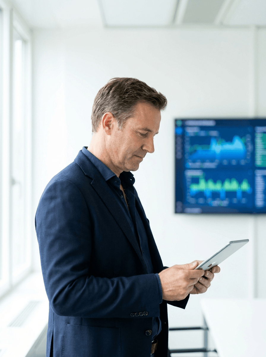 Operador revisando datos de la instalación en tablet