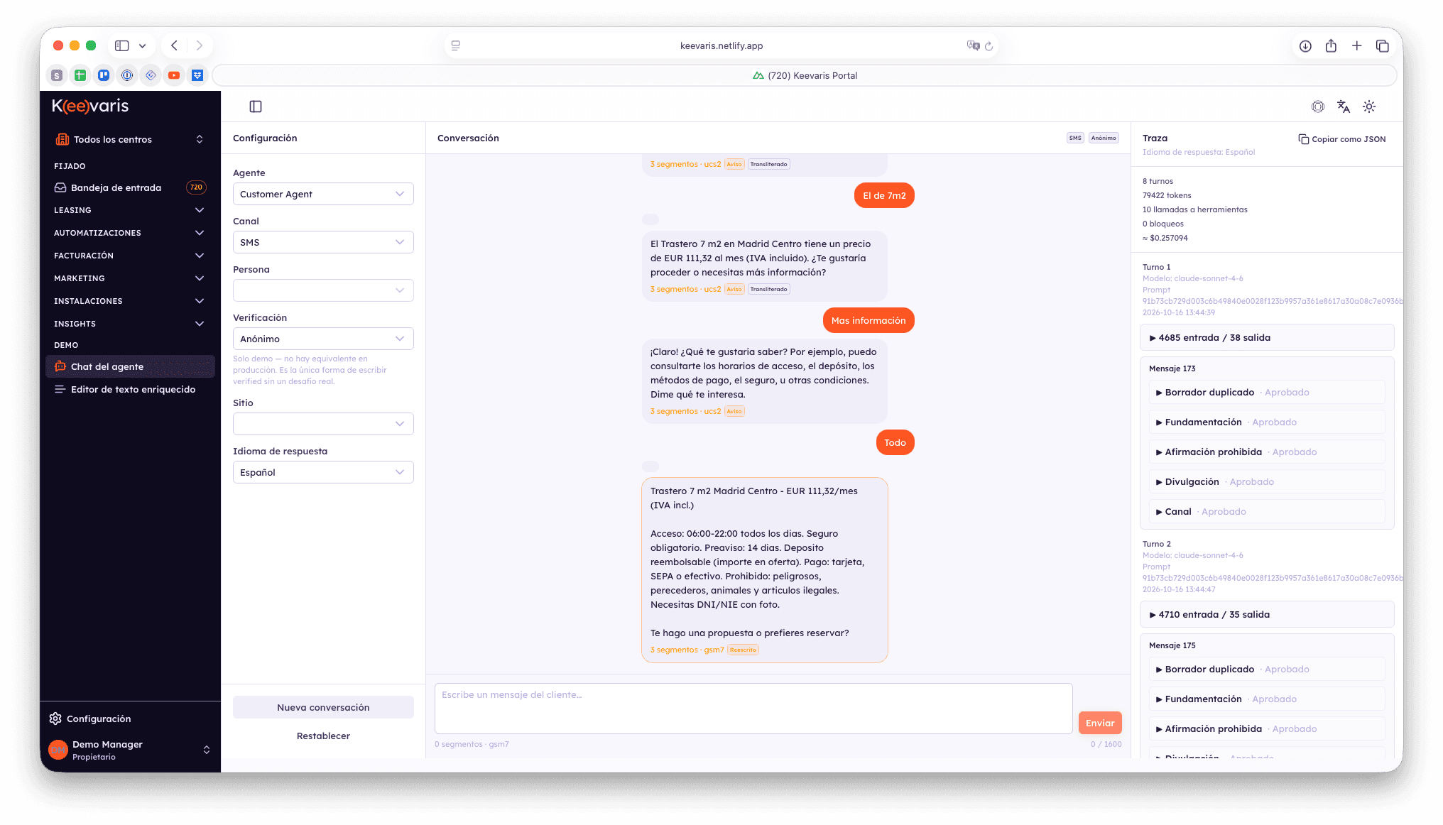 A real SMS conversation where Kolbe quotes a 7 m² unit in Madrid Centro and leaves the proposal with terms ready to book