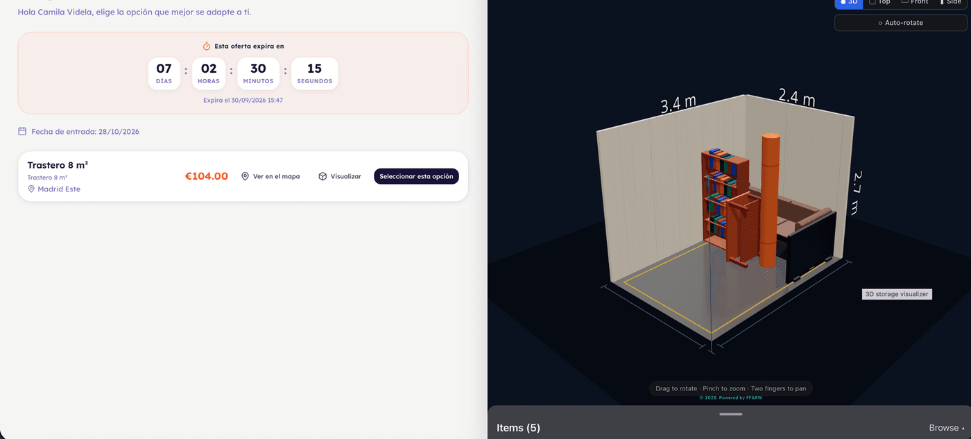 Real 3D visualizer of the storage unit with the customer's furniture